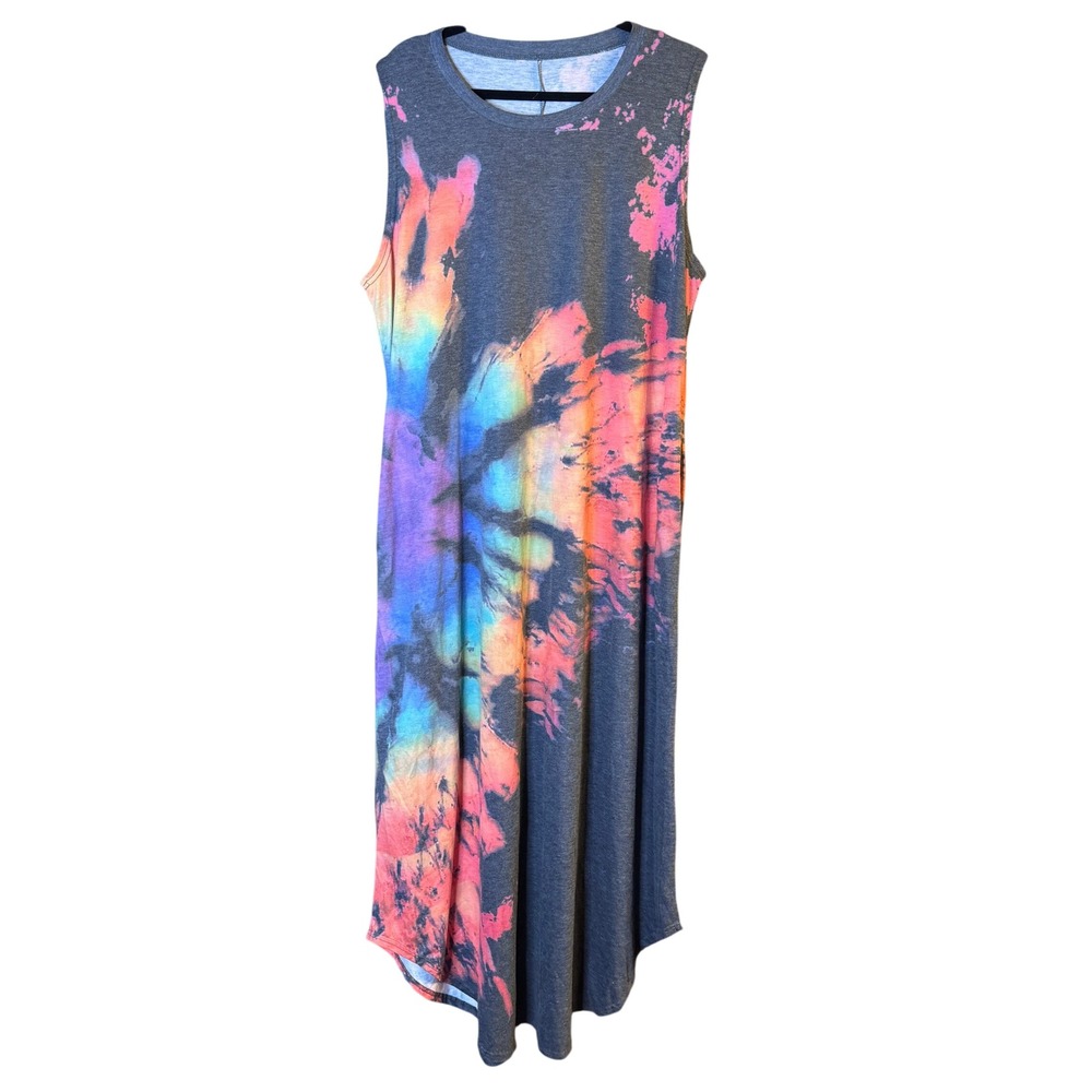Womens XXL Rainbow Tie Dye Sleeveless Maxi Dress with Pockets Boho Hippie Casual - Picture 2 of 6